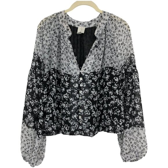 Joie Floral Print Caillie long sleeve Top Black White balloon sleeve Blouse M - Picture 1 of 15
